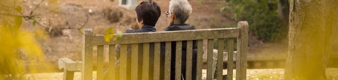 Une femme est assise auprès de sa mère gravement malade, de dos, sur un banc face à un parc.